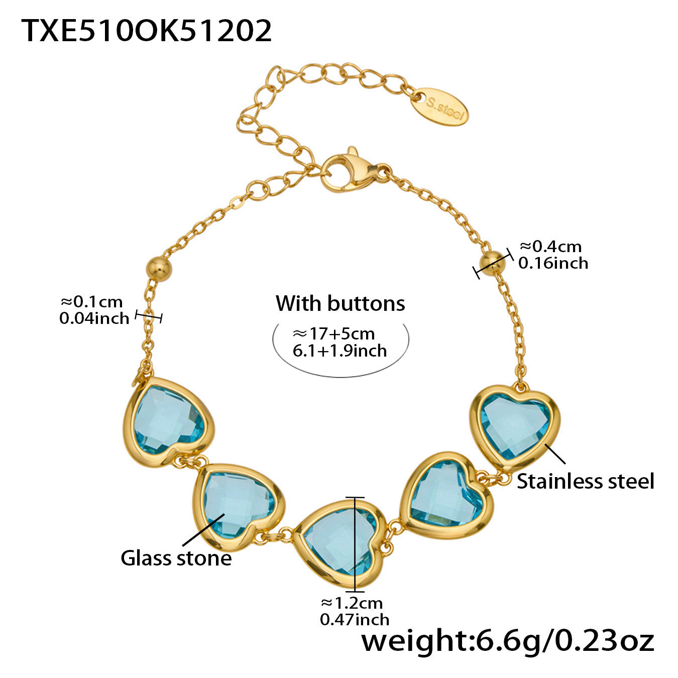 Sea Glass 5 Hearts Stainless Steel Bracelet