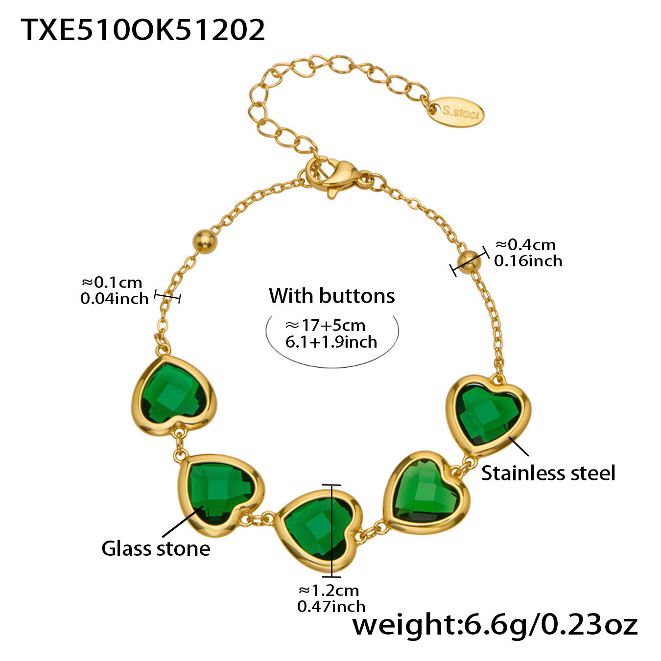 Sea Glass 5 Hearts Stainless Steel Bracelet