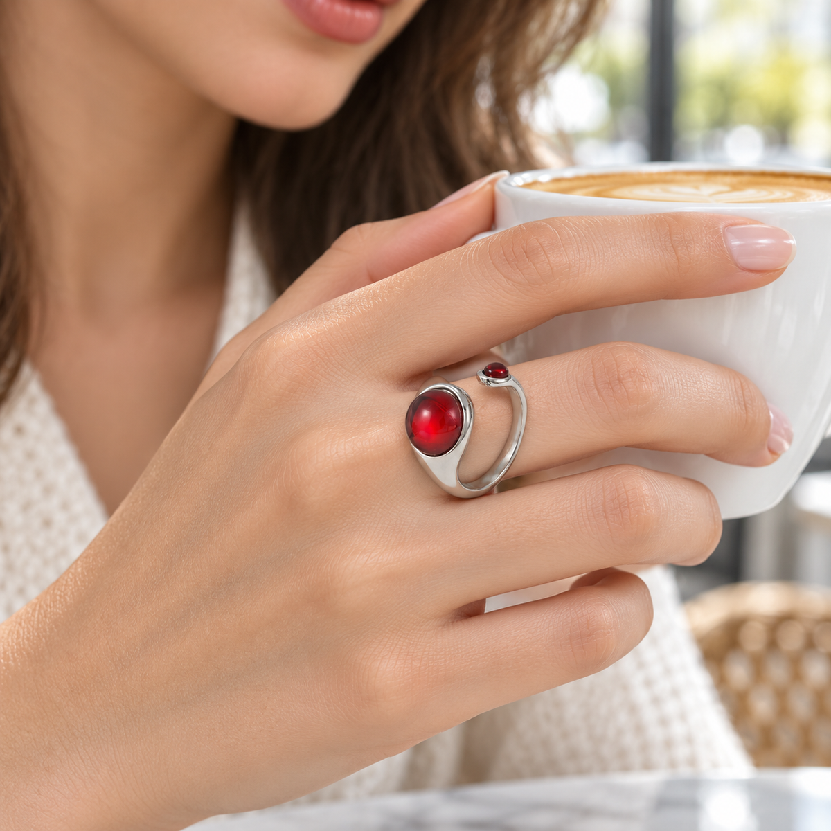 Anillo abierto de granate | Joyería minimalista de acero inoxidable resistente al agua