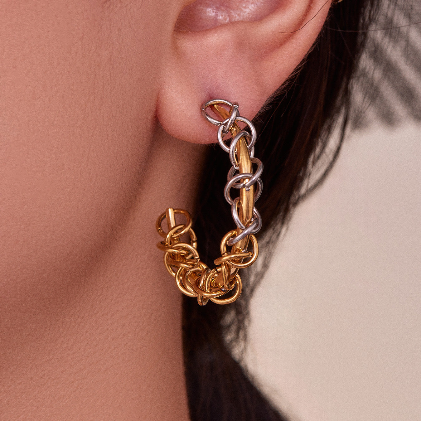 Heavy duty metal two tone C shaped stainless steel earrings