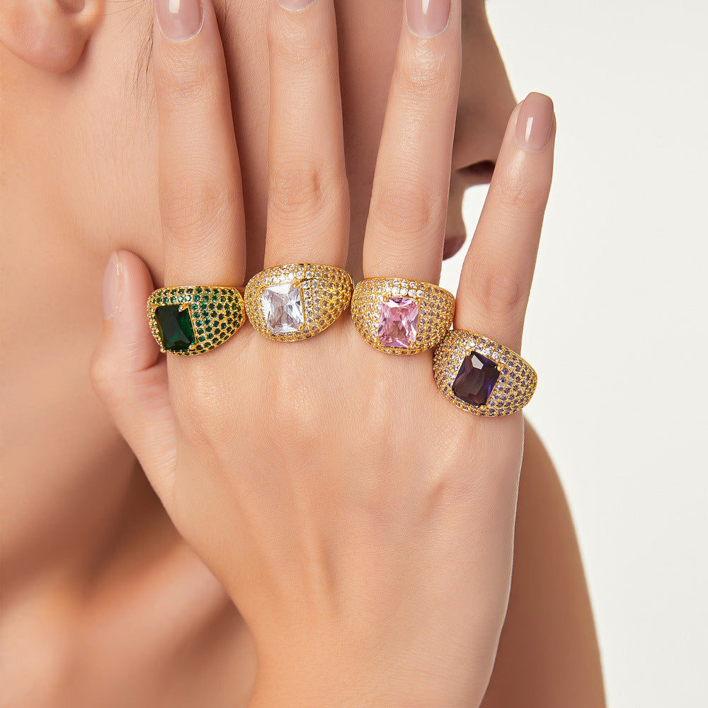 Anillo abierto ajustable estilo INS Anillo de circonita color oro de 18 quilates bañado en cobre