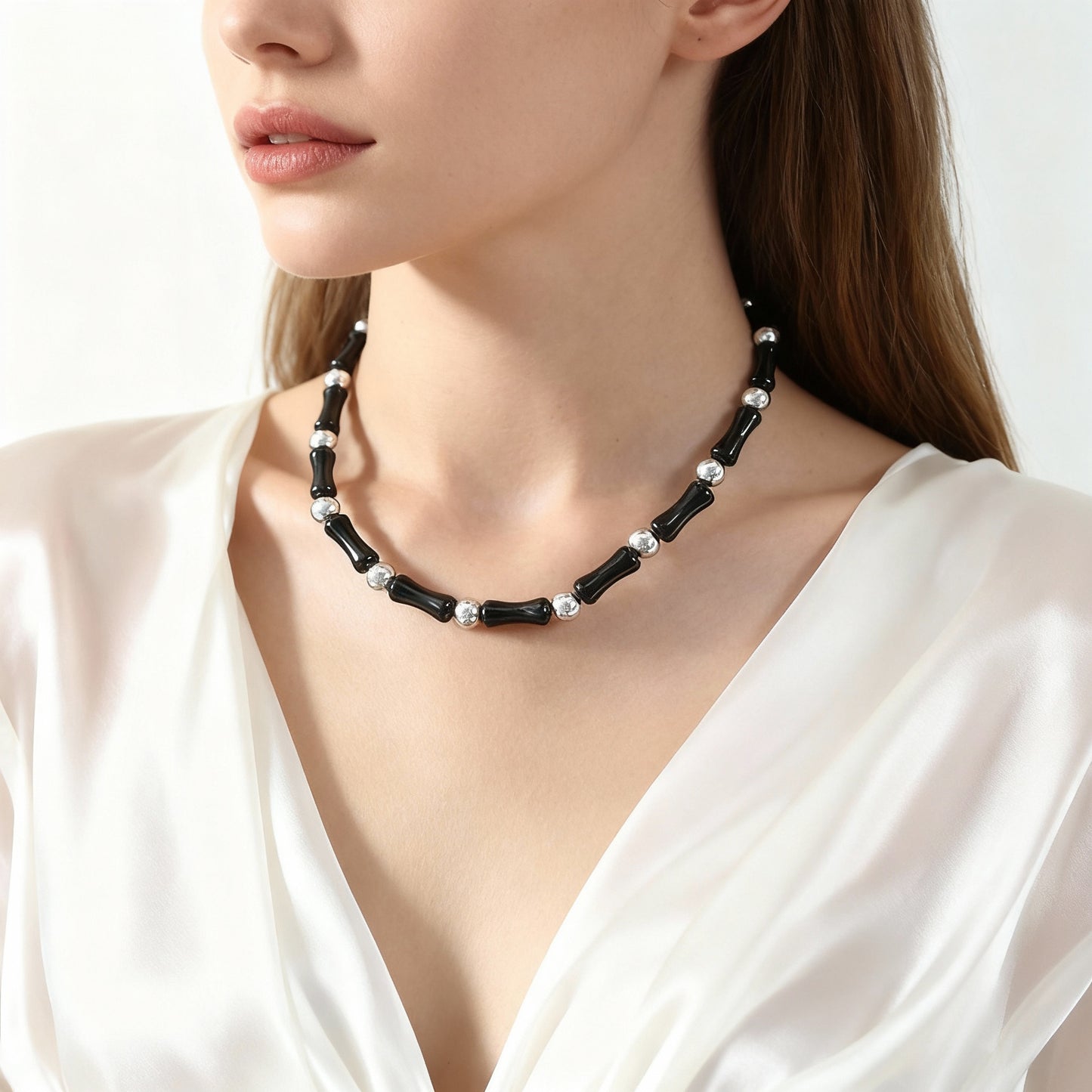 Natural Stone Black Agate Handmade Beaded Necklace