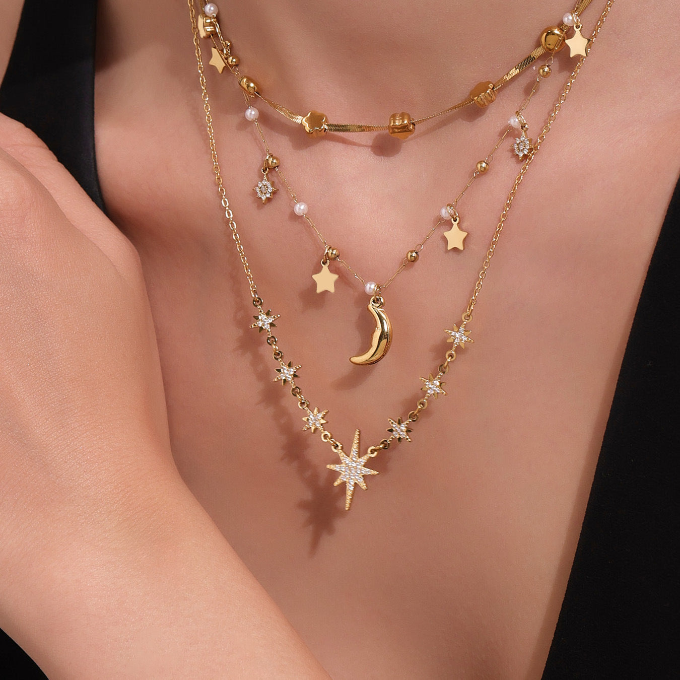 Collar multiaccesorio para clavícula de acero inoxidable con circonita y estrella de ocho puntas