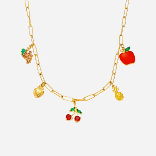 Collar de acero inoxidable con forma de cereza en oro de 18 quilates.
