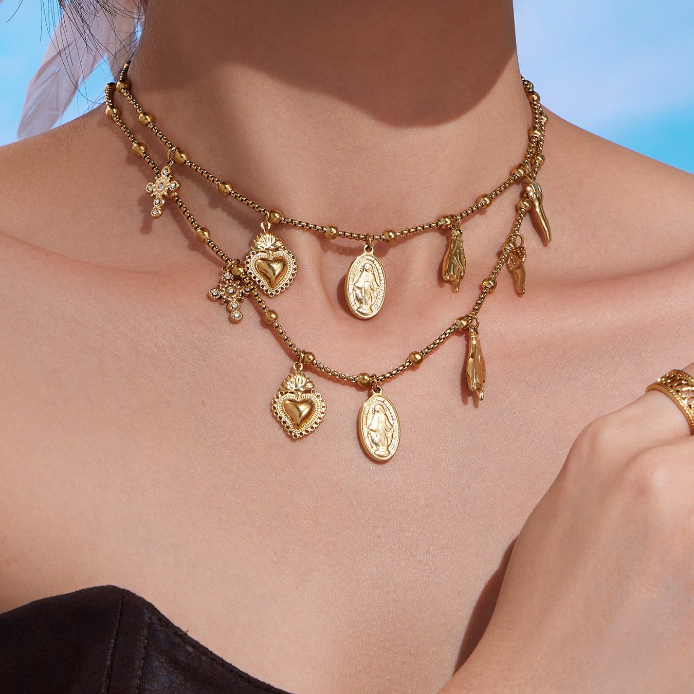 Collar de acero inoxidable con cadena de cuentas, corazón de amor, cruz de Jesús y diamantes