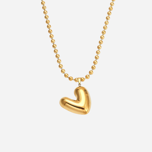 Collar de cuentas redondas con colgante de corazón de acero inoxidable