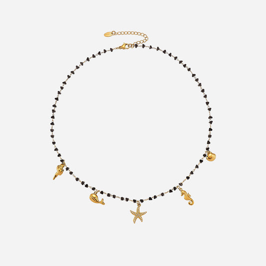 Collar de cadena de clavícula con múltiples colgantes de estrella de mar y circonita de cristal negro natural