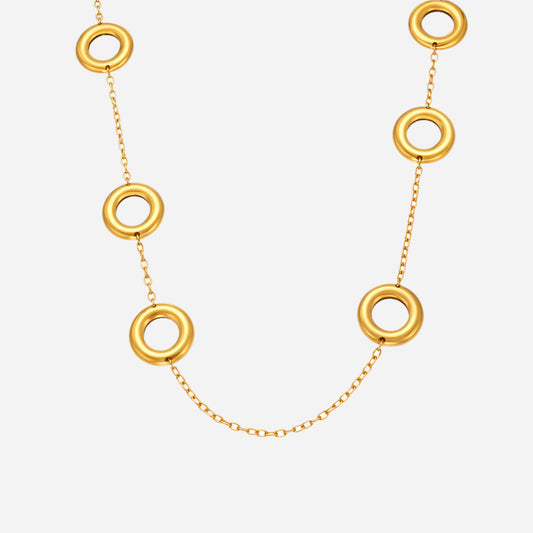 Collar largo de cadena de suéter de dos tonos con anillo hueco de acero inoxidable