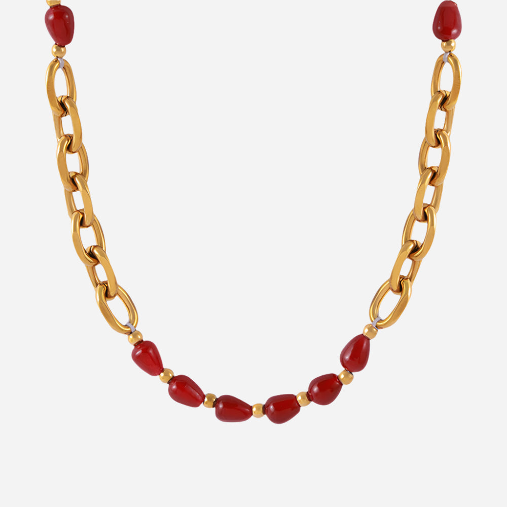 Collar de cuentas de ágata roja y granate en acero inoxidable