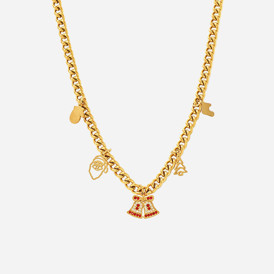 Collar romántico navideño de acero inoxidable con circonitas y campana