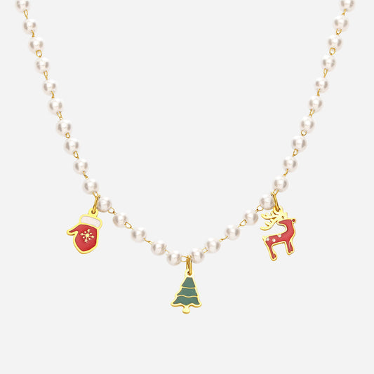Collar con colgante de acero inoxidable con diseño navideño de dibujos animados y esmalte.