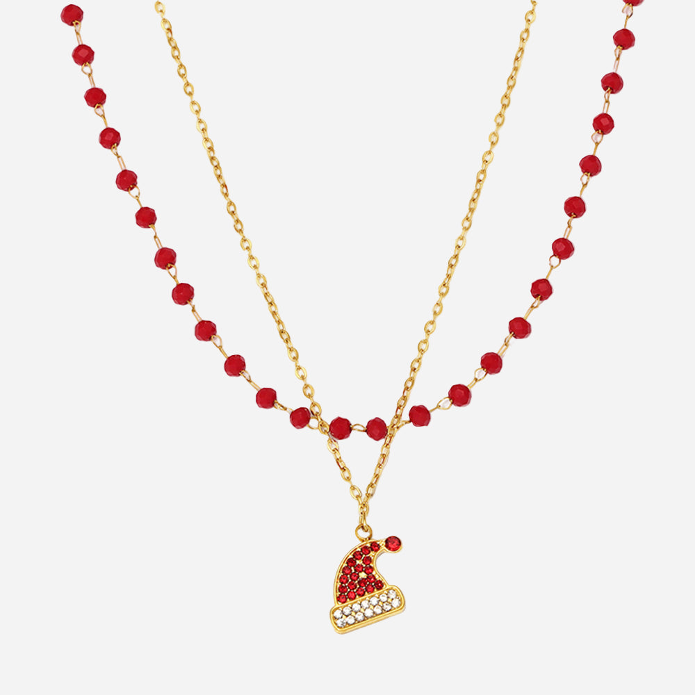 Pulsera doble de acero inoxidable con colgante de sombrero navideño de circonita y granate