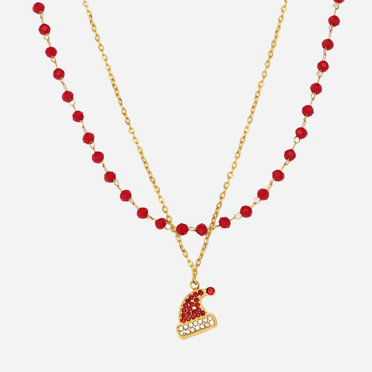 Pulsera doble de acero inoxidable con colgante de sombrero navideño de circonita y granate