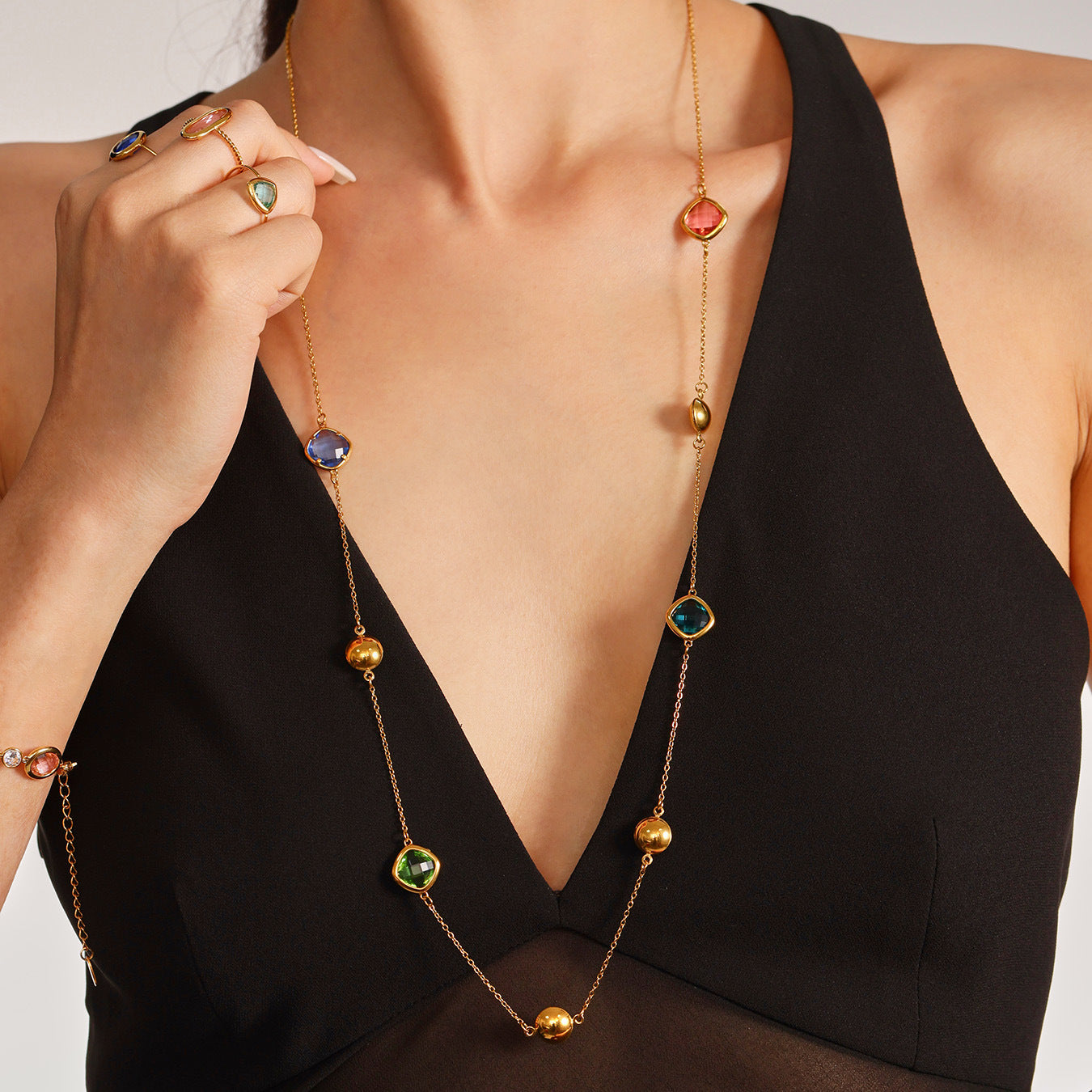 Collar largo de cristal marino | Joyería de playa de acero inoxidable resistente al agua para mujer 