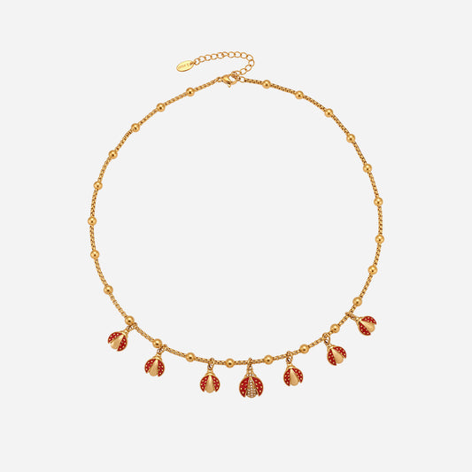 Collar de cuentas con clip de acero inoxidable con escarabajo rojo que brilla en el aceite y circonitas