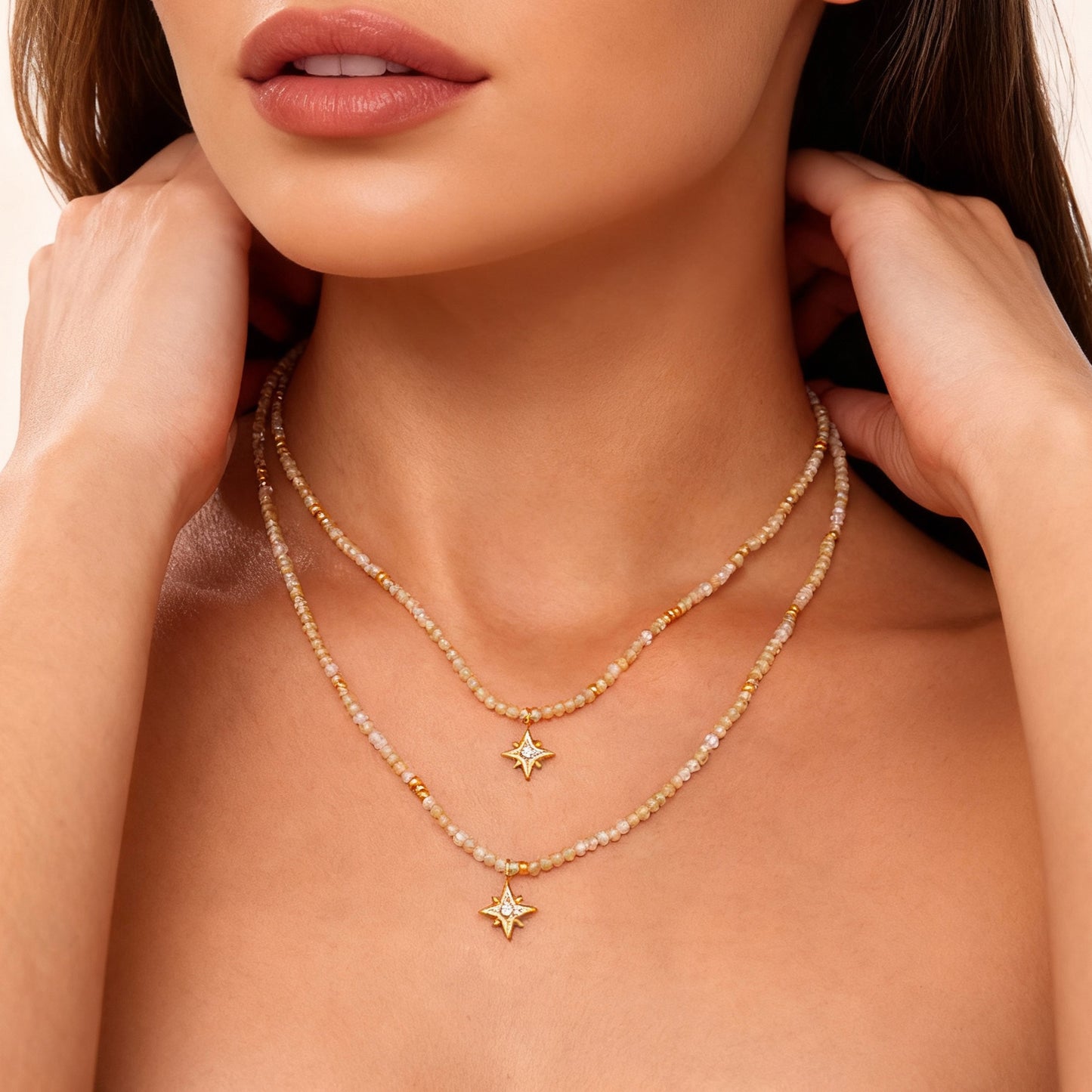 Octagonal Star Charm Necklace | Zircon & Natural Stone Pendant