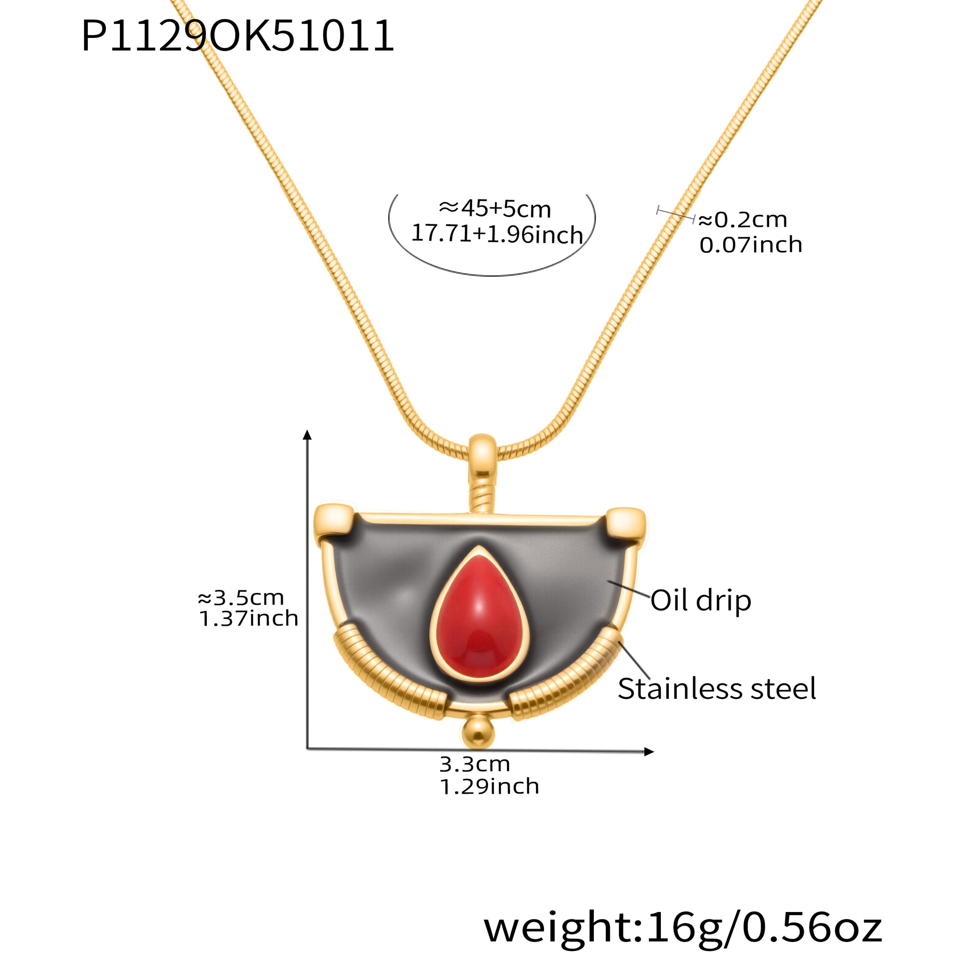 Product dimensions of gold snake chain necklace with red fan enamel pendant charm, 18K gold plated stainless steel.