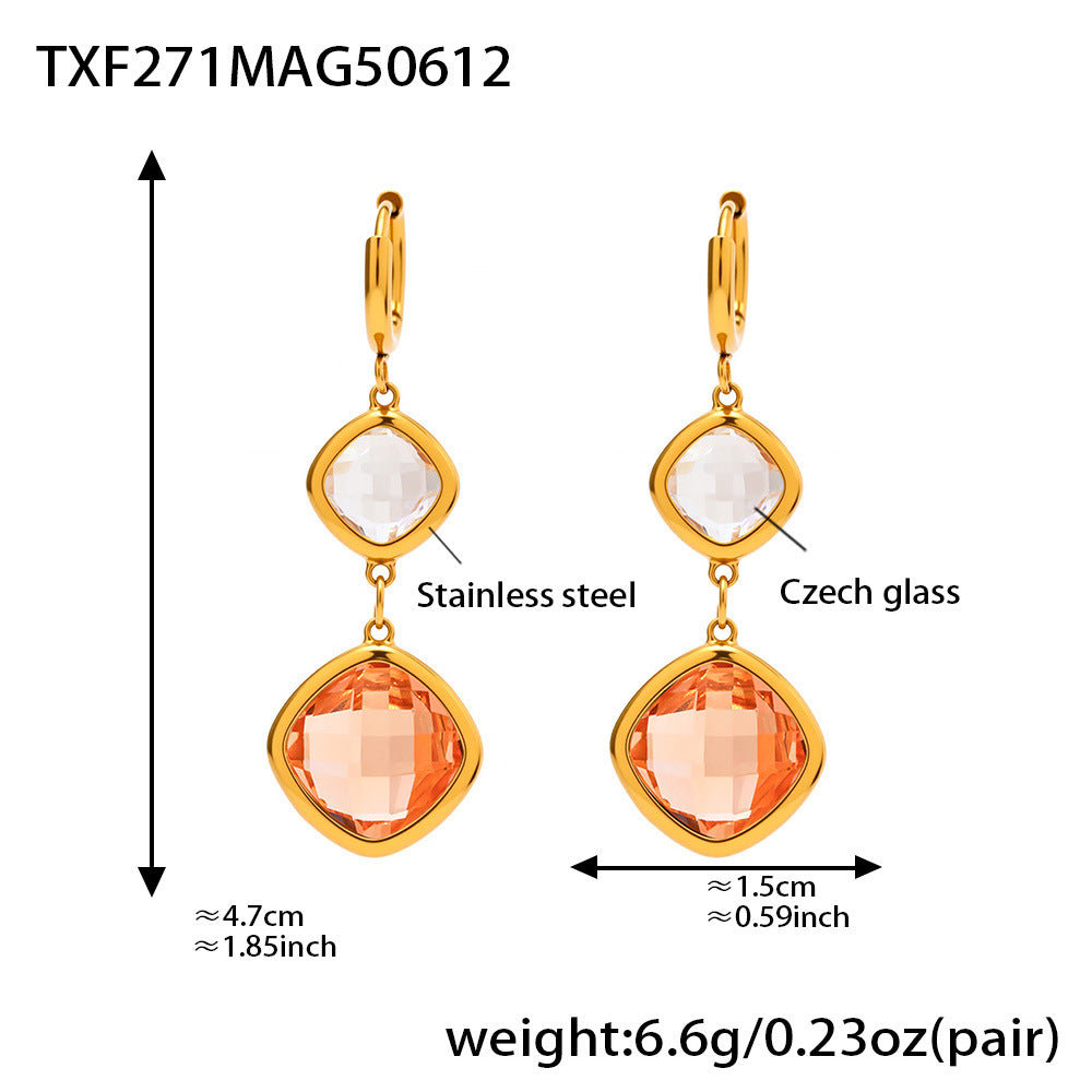 Amber orange gemstone drop earrings in gold stainless steel, hypoallergenic design