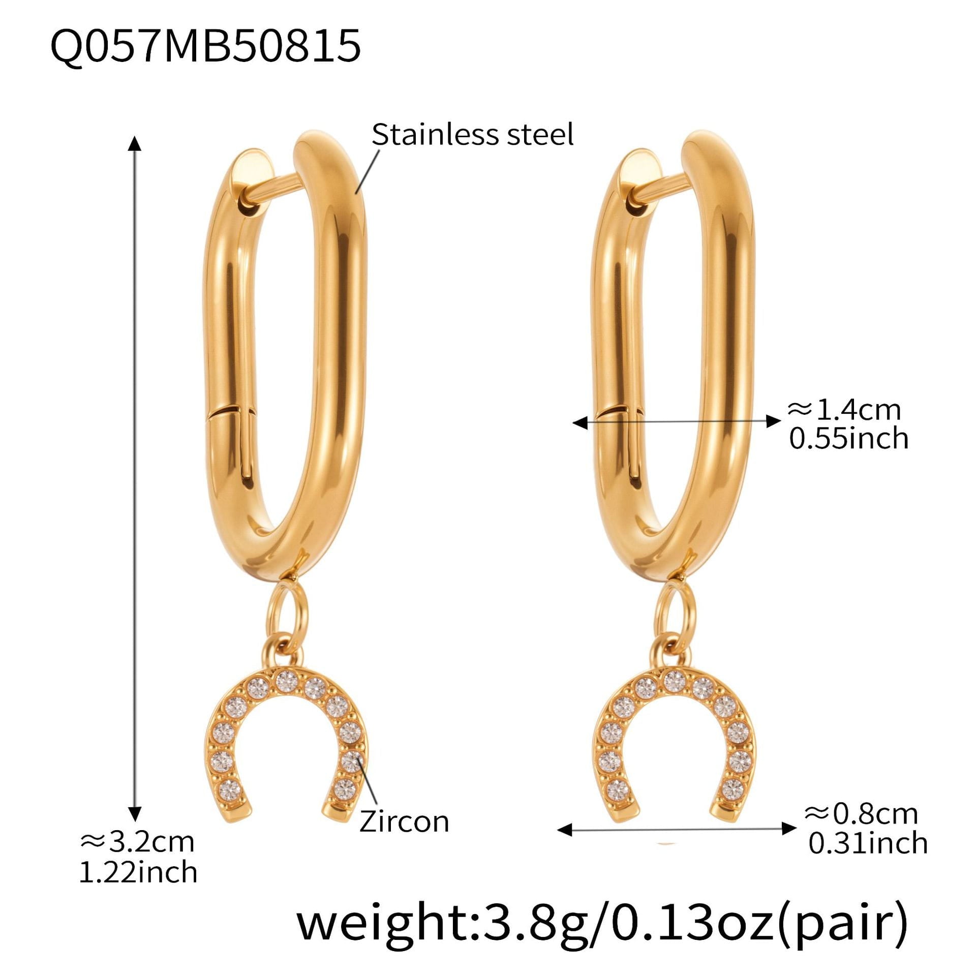 Gold hoop earrings with horseshoe charms and measurements on a white background