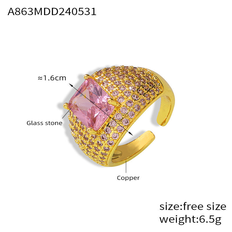 Anillo abierto ajustable estilo INS Anillo de circonita color oro de 18 quilates bañado en cobre