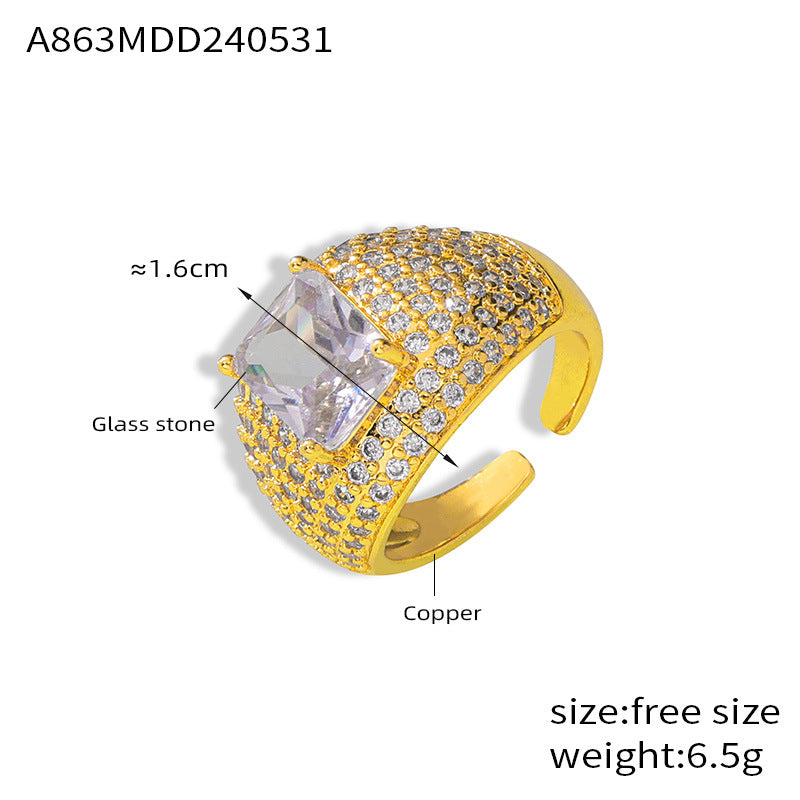 Anillo abierto ajustable estilo INS Anillo de circonita color oro de 18 quilates bañado en cobre