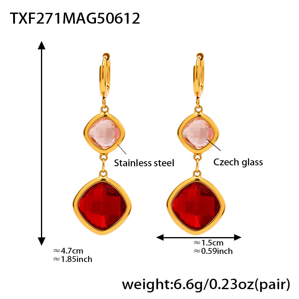 Red gemstone dangle earrings for women in gold stainless steel, elegant statement drops
