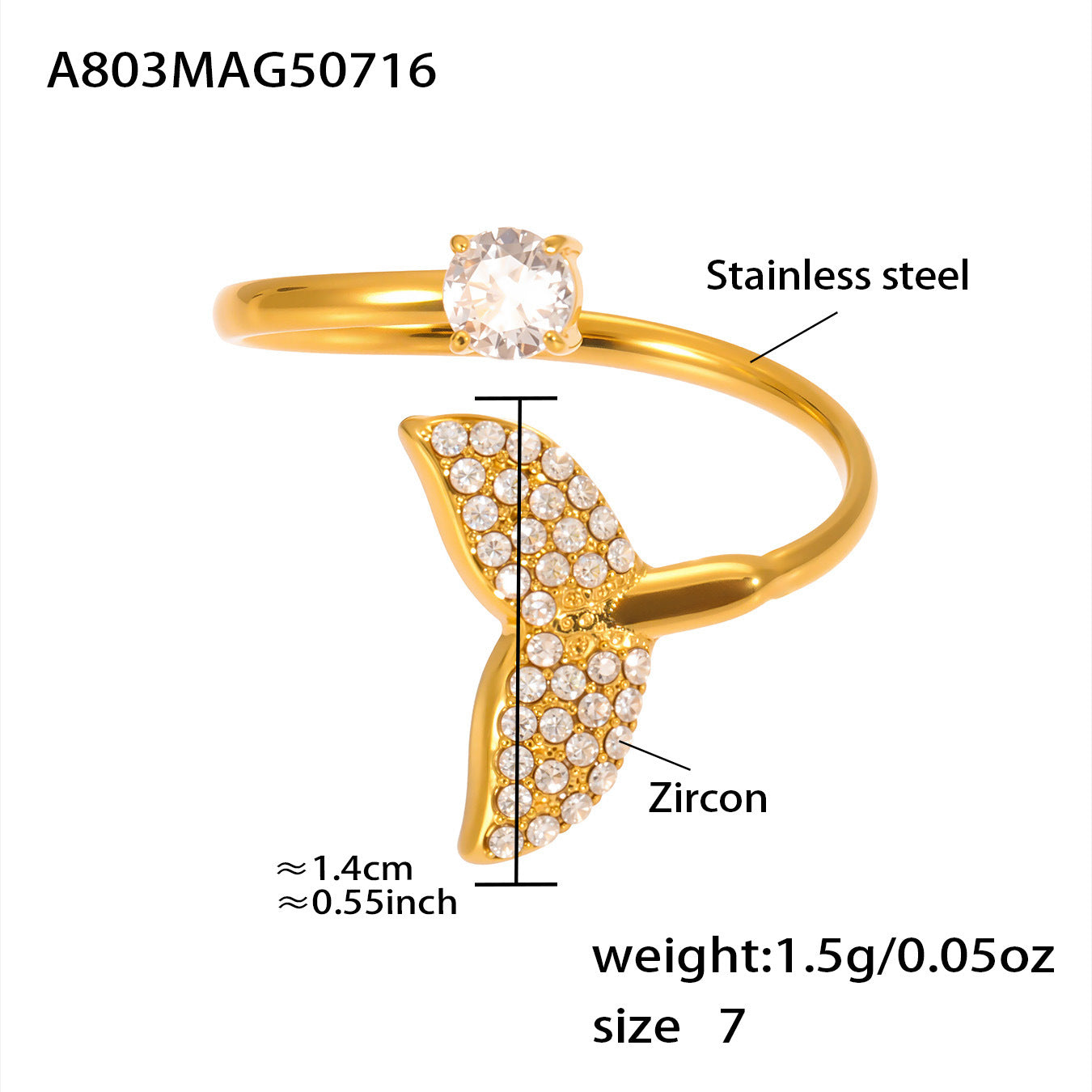 Anillo de dedo índice abierto con circonita y concha de estrella de mar dorada
