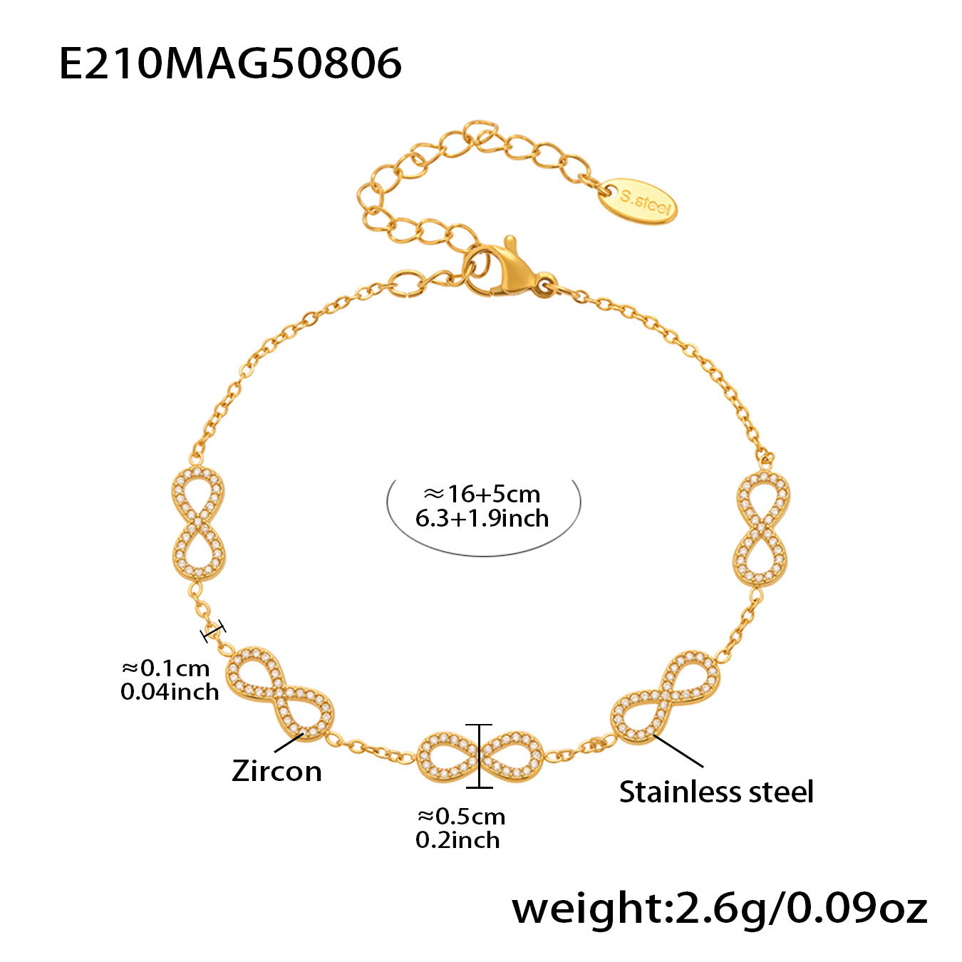 Pulsera de acero inoxidable con circonitas y número 8