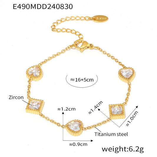 Pulsera de acero inoxidable con circonitas cuadradas y corazón