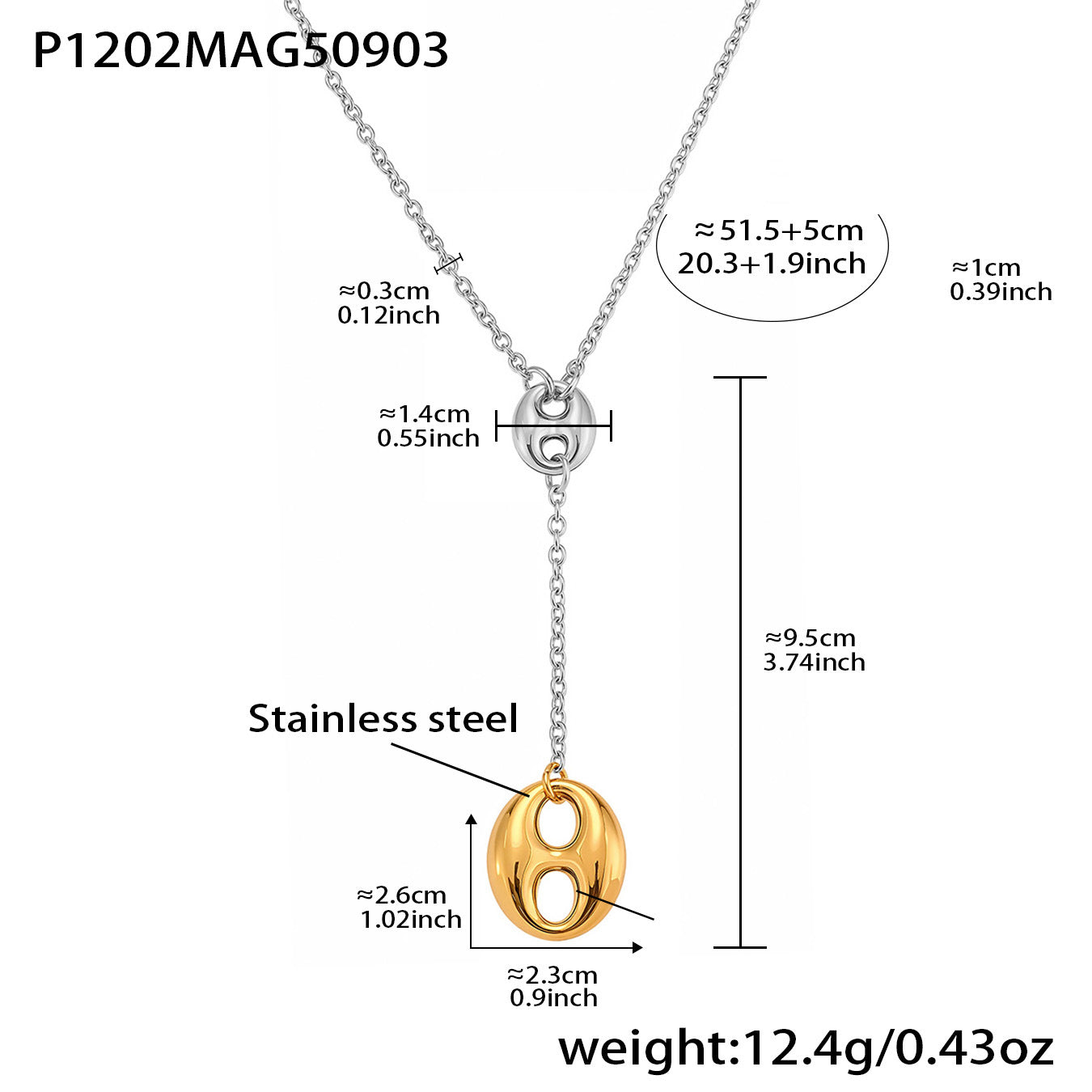 Gold '8' pendant necklace with measurements on a white background