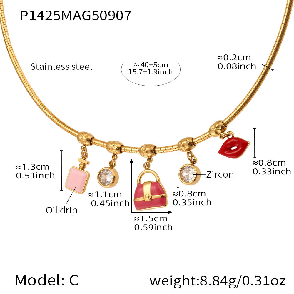 Gold necklace with charms and measurements on a white background