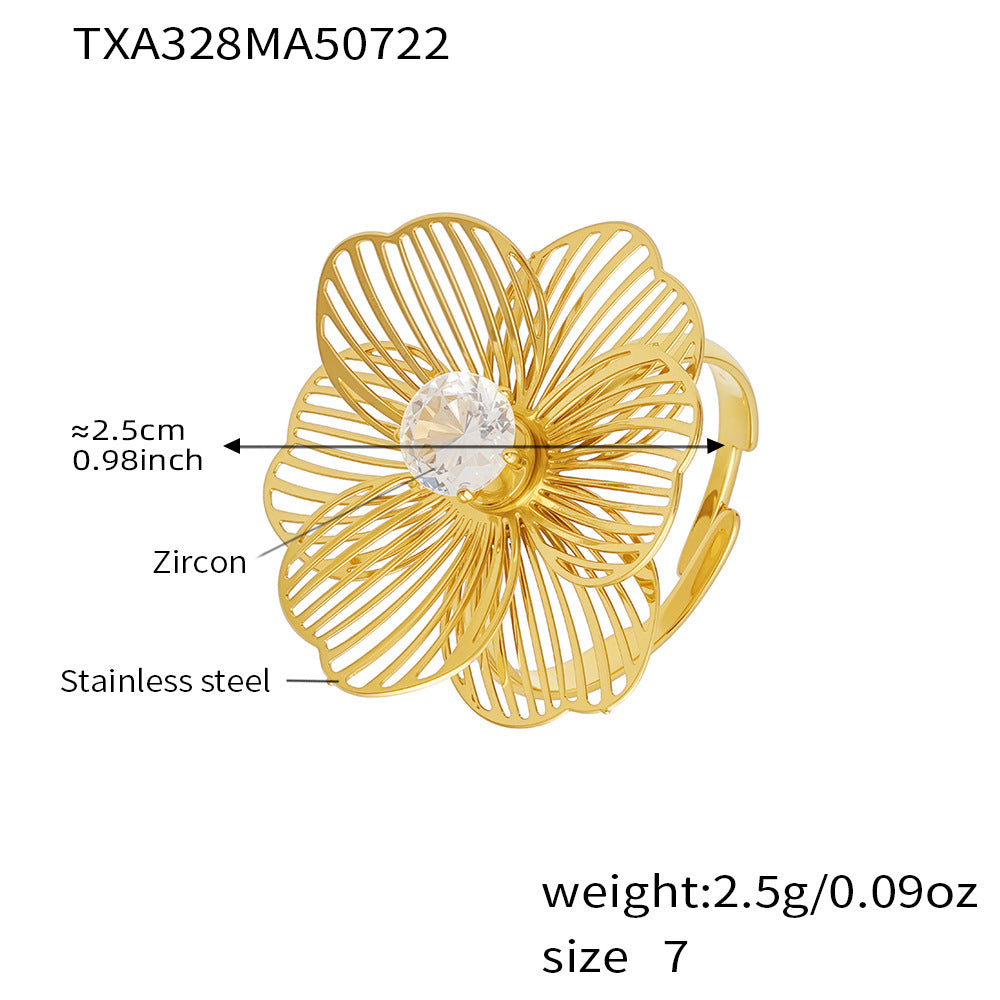 Anillo de acero inoxidable con borla de flor de circonita