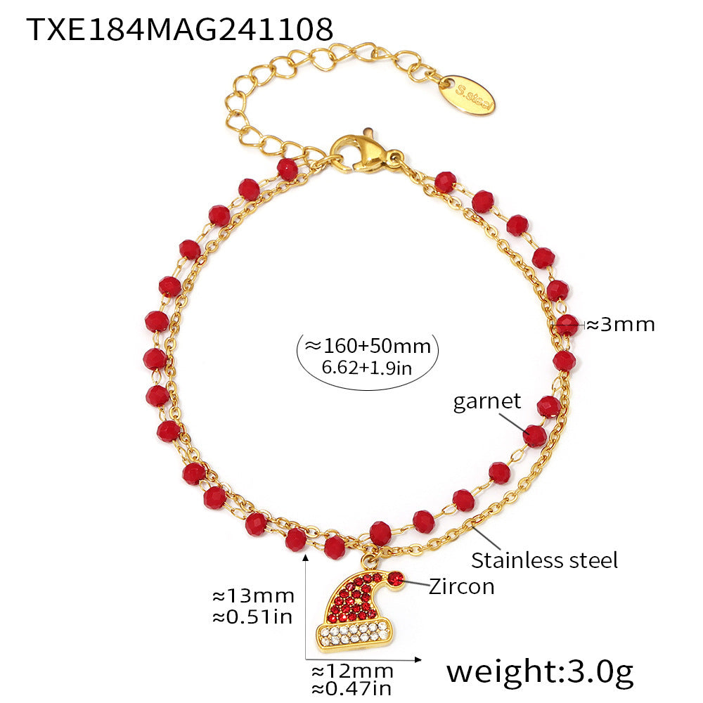 Pulseras dobles de acero inoxidable con colgante de sombrero navideño de circonita y granate