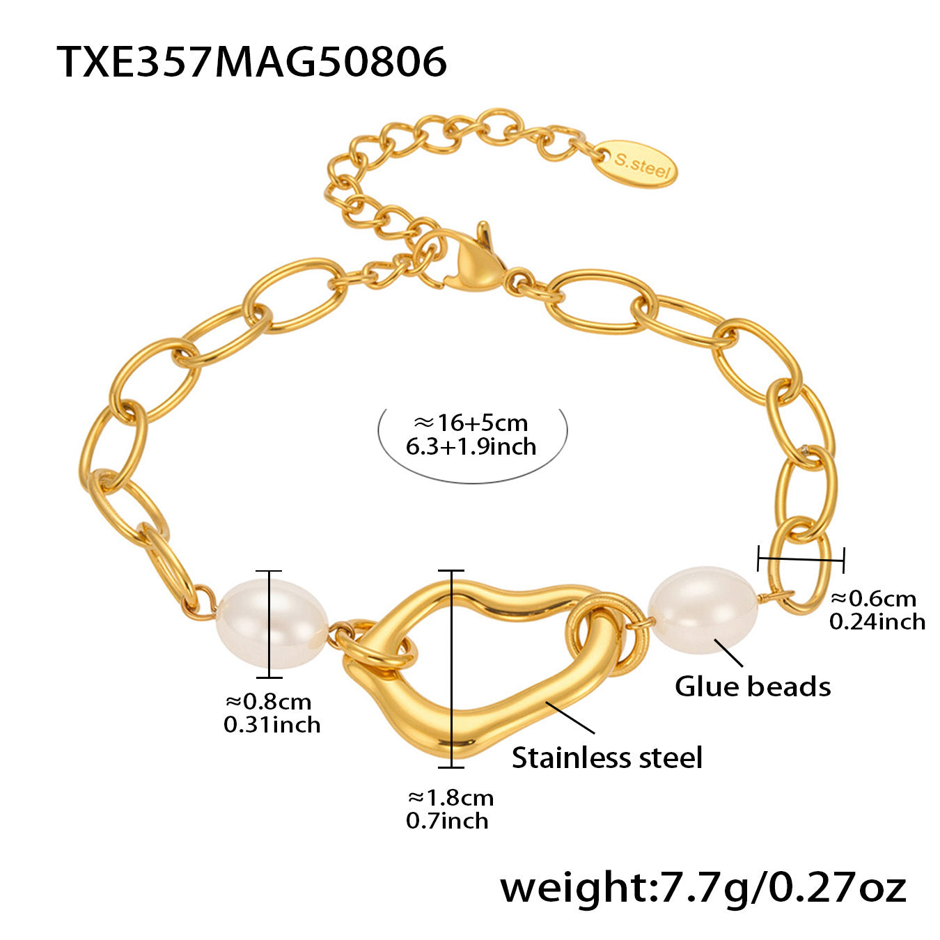 Gold bracelet with heart design and glue beads, showing measurements and weight on a white background.