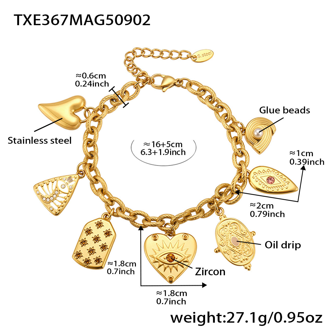 Evil eye gold charm bracelet size and details chart stainless steel hypoallergenic jewelry