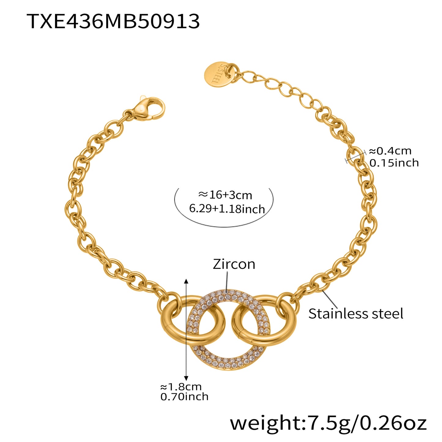 Pulsera de acero inoxidable con aros de circonita cosida a mano en color dorado