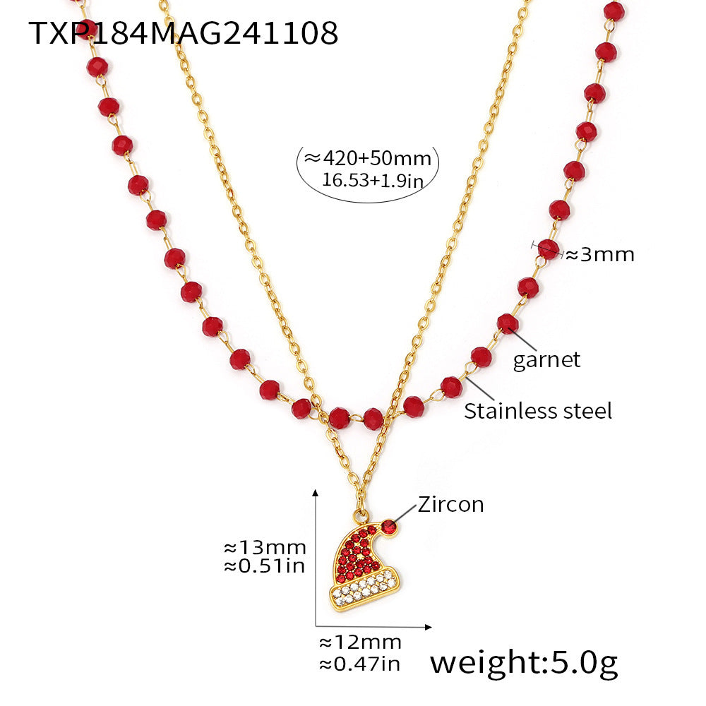 Pulsera doble de acero inoxidable con colgante de sombrero navideño de circonita y granate