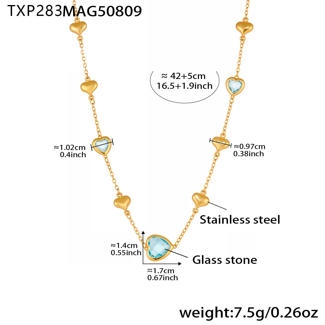 Cadena de clavícula de acero inoxidable con forma de corazón hueco y piedra de vidrio facetado