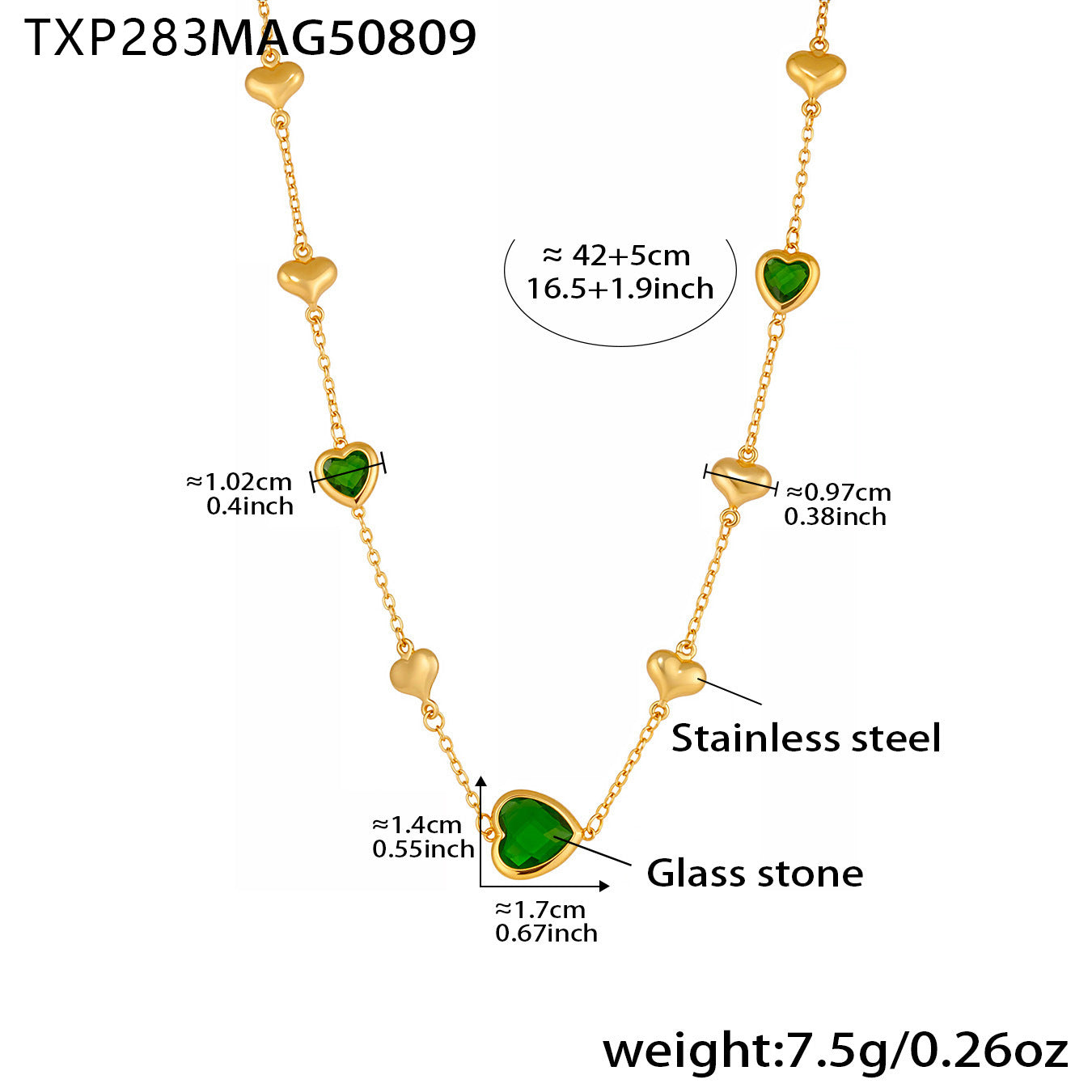 Cadena de clavícula de acero inoxidable con forma de corazón hueco y piedra de vidrio facetado