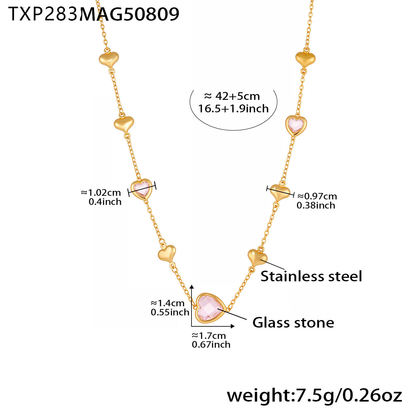 Cadena de clavícula de acero inoxidable con forma de corazón hueco y piedra de vidrio facetado