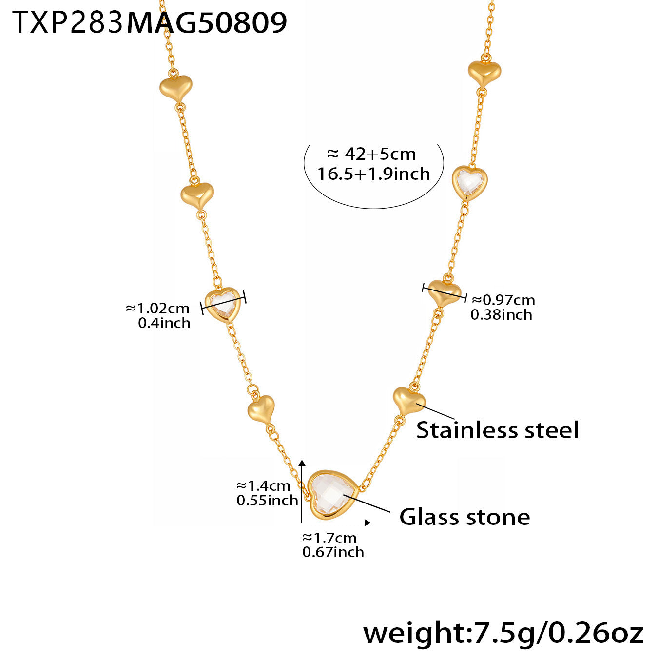 Cadena de clavícula de acero inoxidable con forma de corazón hueco y piedra de vidrio facetado