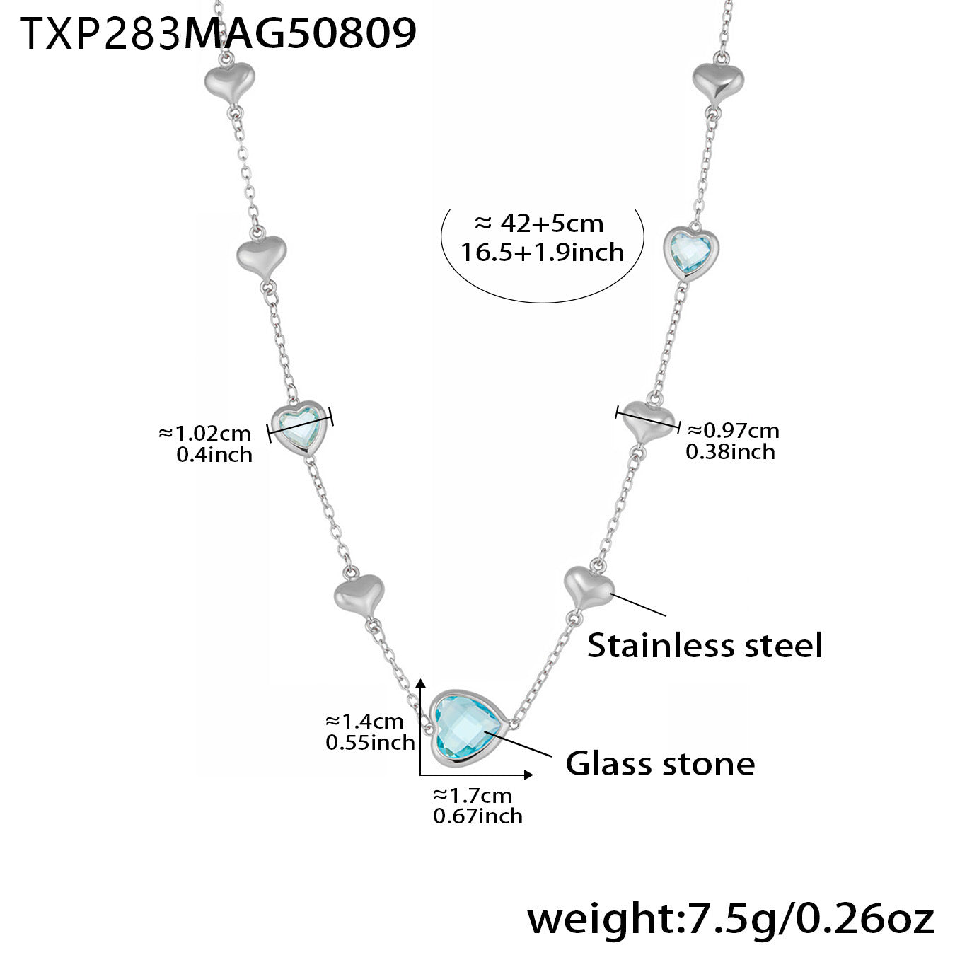 Cadena de clavícula de acero inoxidable con forma de corazón hueco y piedra de vidrio facetado