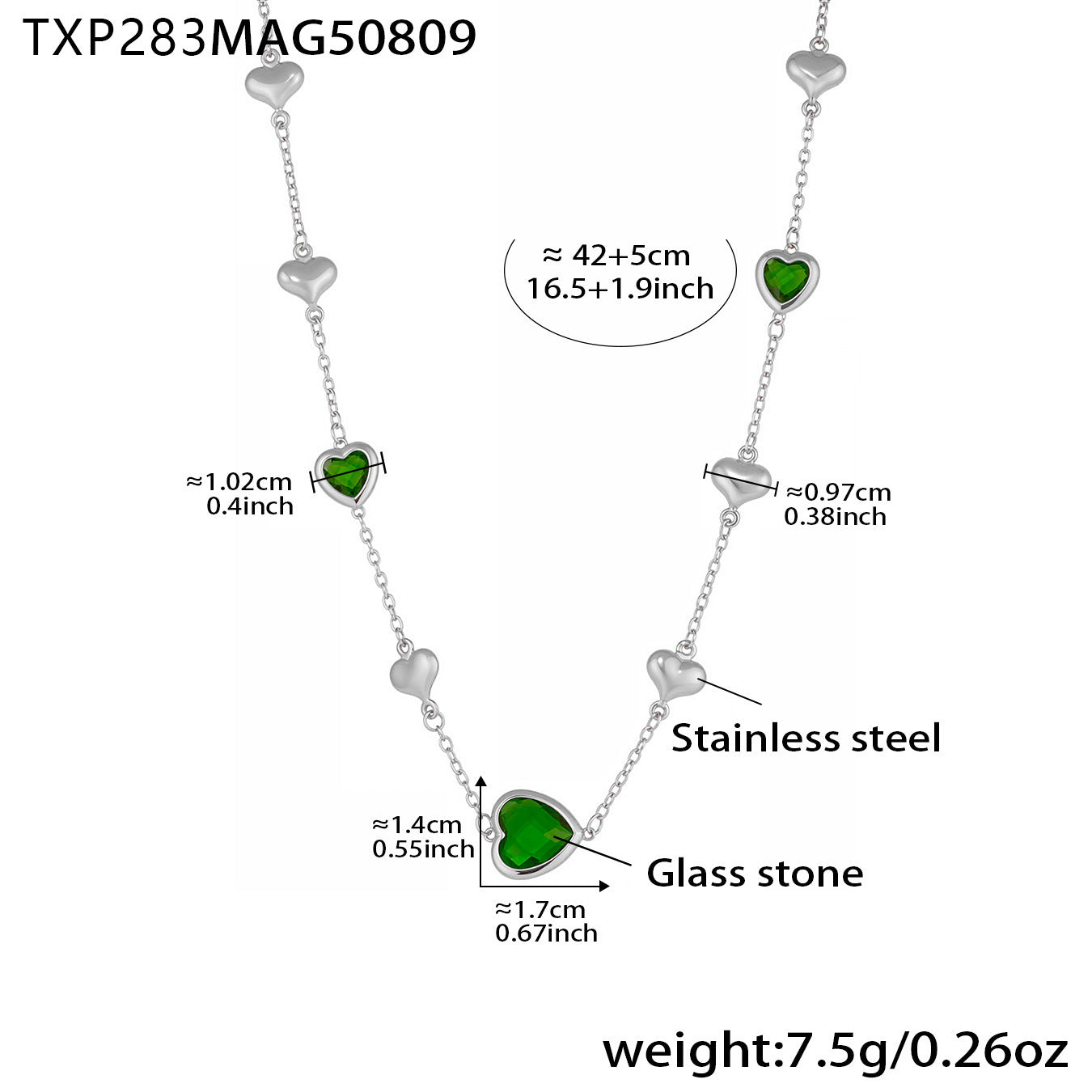 Cadena de clavícula de acero inoxidable con forma de corazón hueco y piedra de vidrio facetado