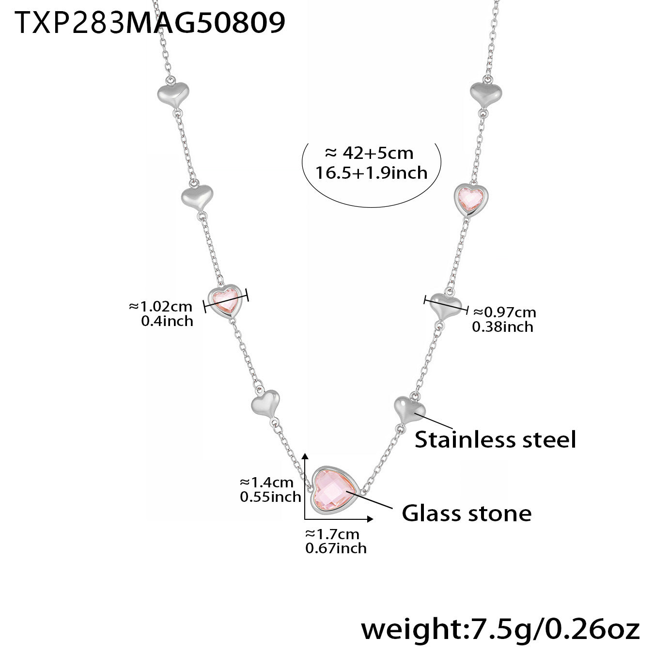 Cadena de clavícula de acero inoxidable con forma de corazón hueco y piedra de vidrio facetado