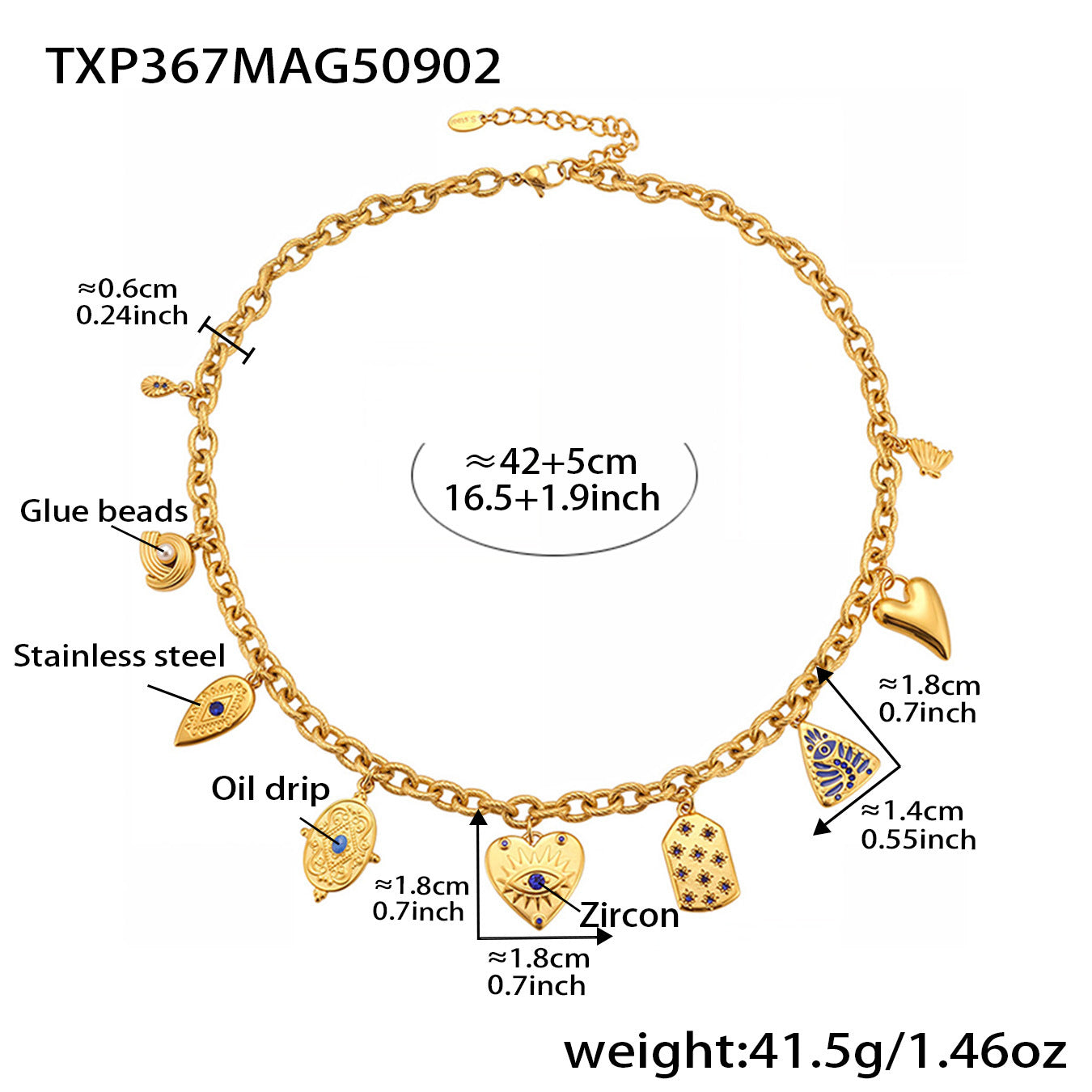 Gold bracelet with charms and measurements on a white background