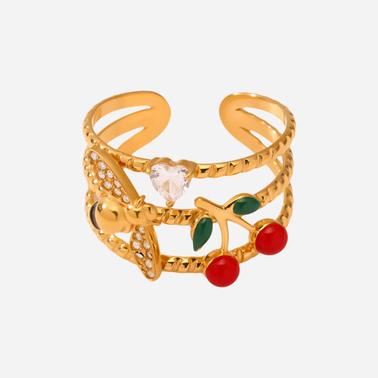 Anillos abiertos de cereza con gota de aceite de circonita 5A hechos a mano
