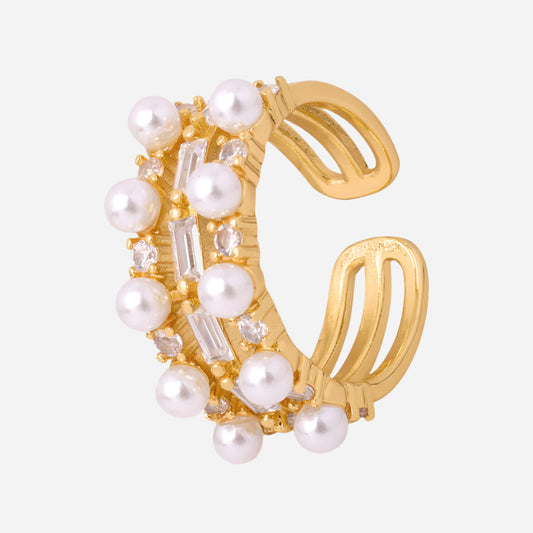 Anillo geométrico de perla de imitación con diseño abierto con detalles de circonitas