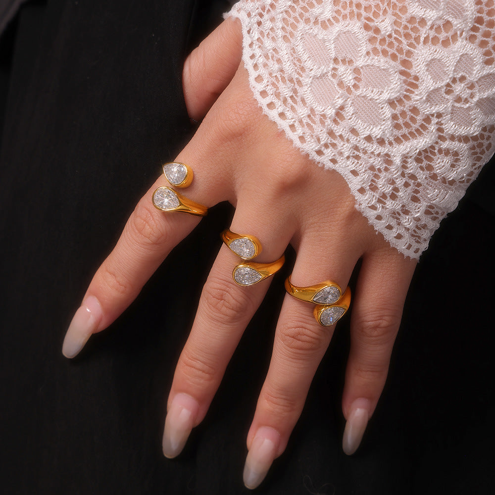 Anillo de doble gota de circonita 3A – Acero inoxidable ajustable