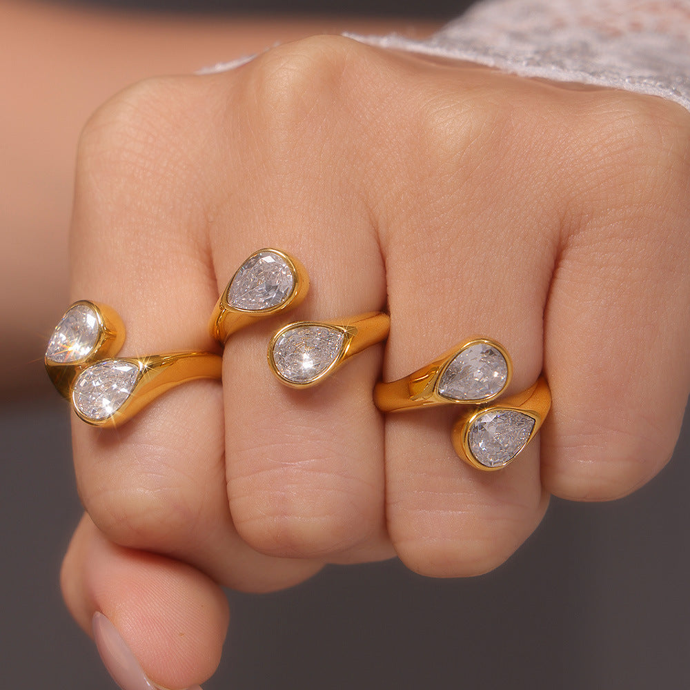 Anillo de doble gota de circonita 3A – Acero inoxidable ajustable