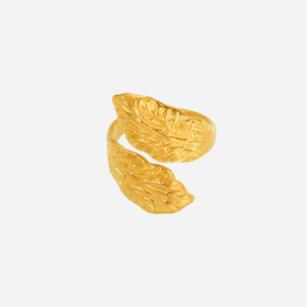 Anillo abierto de acero inoxidable con textura de hoja para mujer